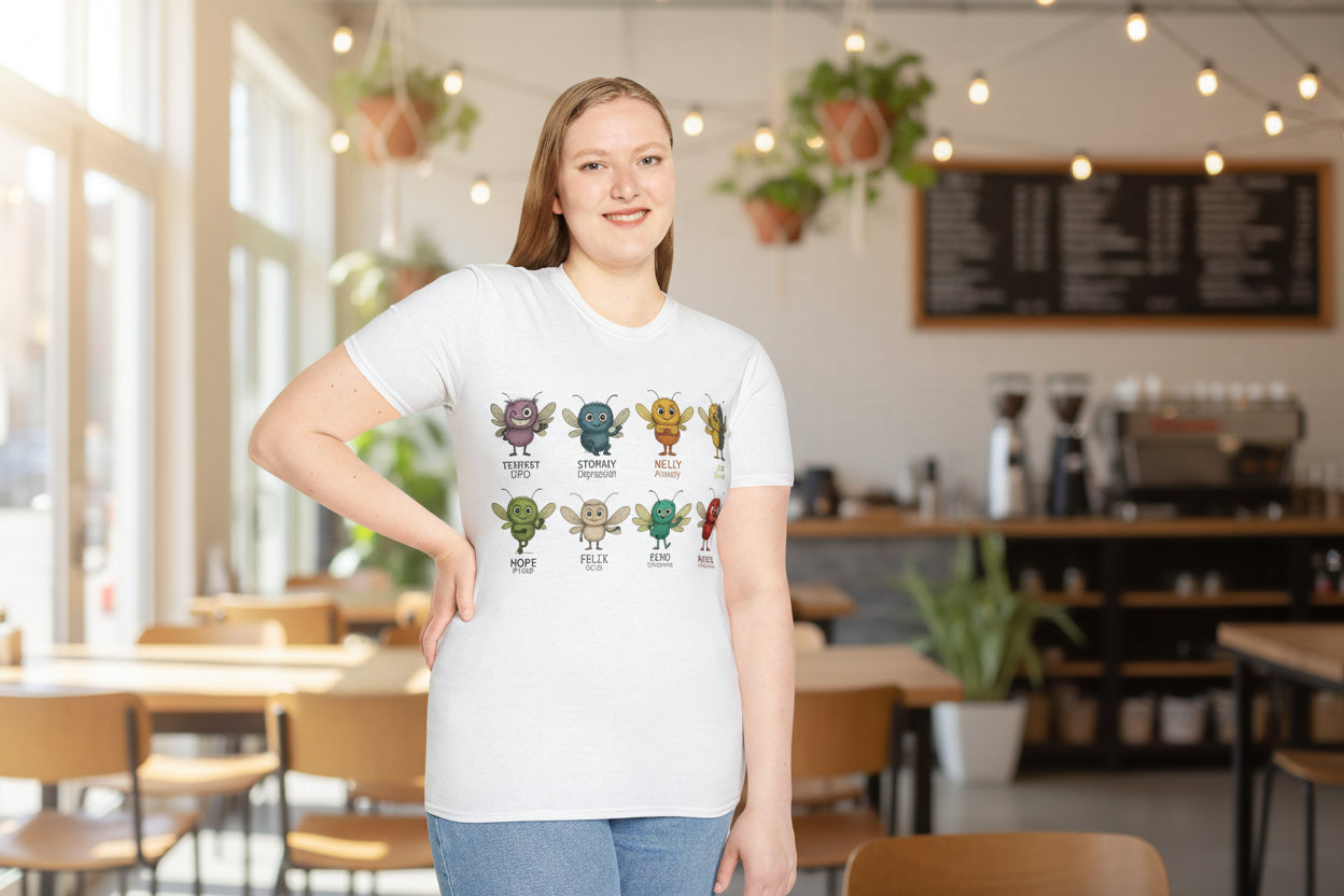 person wearing a unisex tshirt with a graphic design of all the characters in the storm mosquitos apparel collection