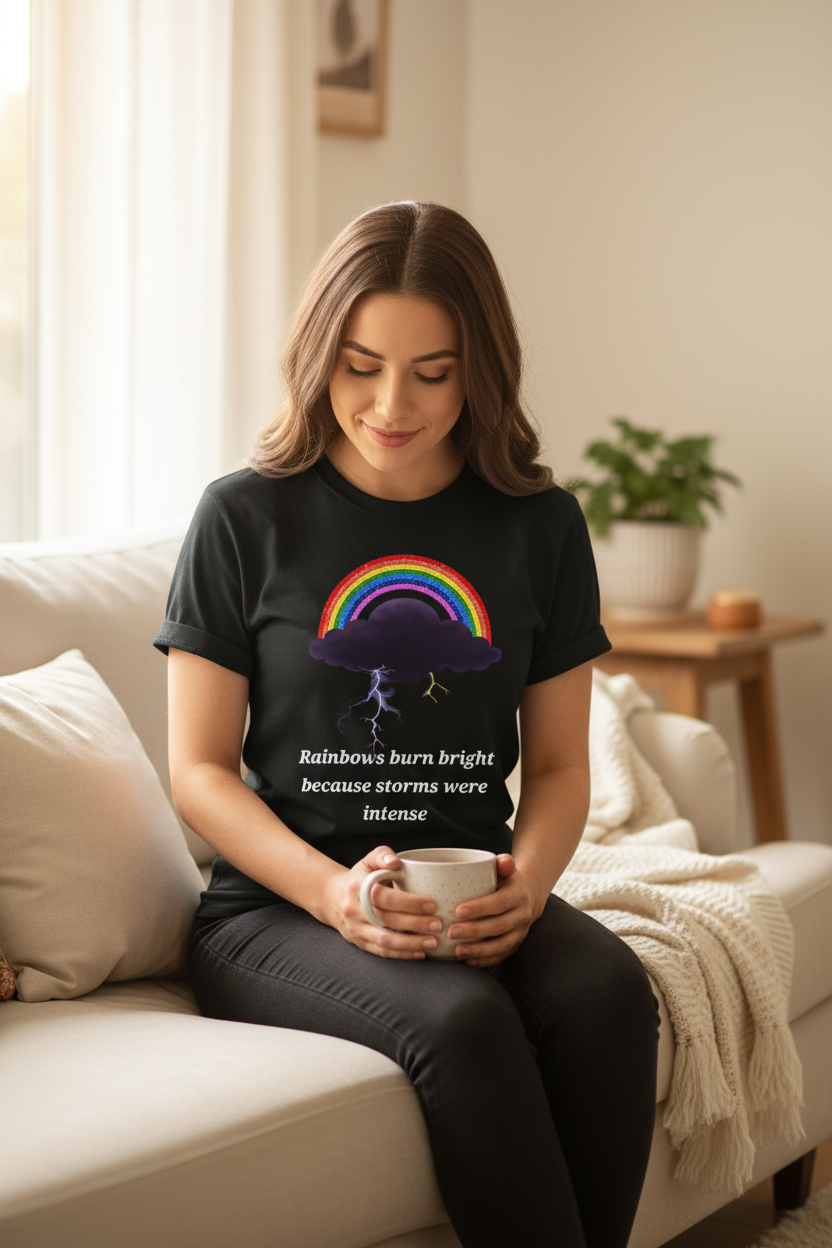 model wearing a Unisex t-shirt from the Rainbow Cloud Collection, featuring a colorful Storm Mosquitos design that represents mental health awareness and emotional resilience. Character: Tempest - black front