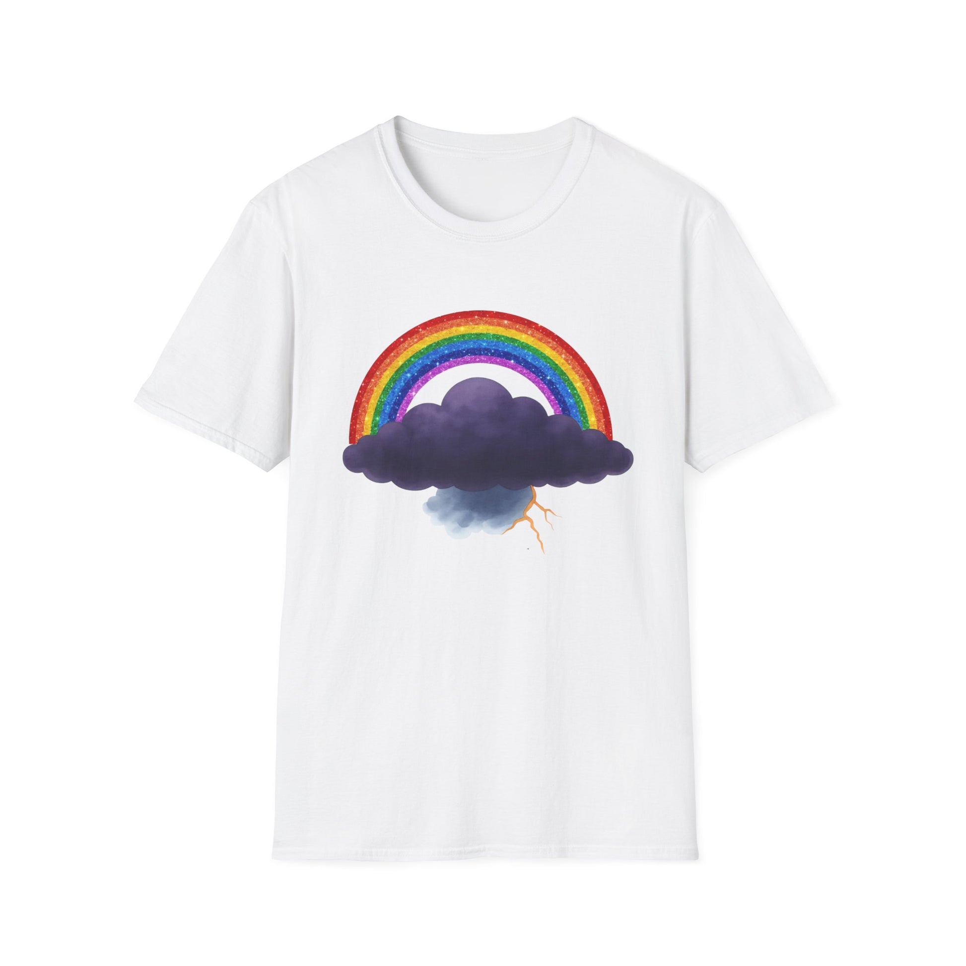 White t-shirt with a colorful rainbow and Tempest cloud design on a white background