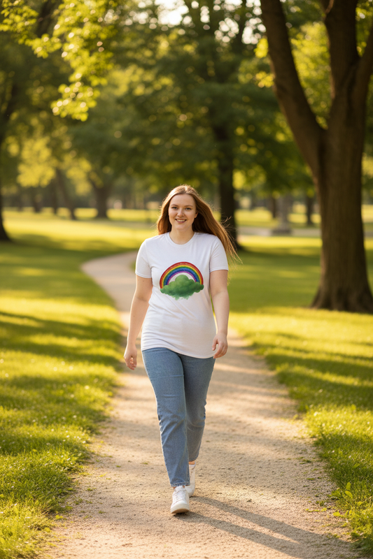Woman walking on a path in a park wearing a t-shirt with a rainbow and Hope cloud design.