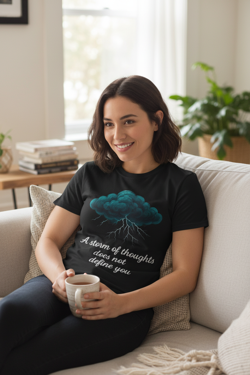 model wearing a Unisex t-shirt from the Storm Cloud Collection, featuring a Storm Mosquitos design that symbolizes mental health awareness and resilience. Character: Echo - black front