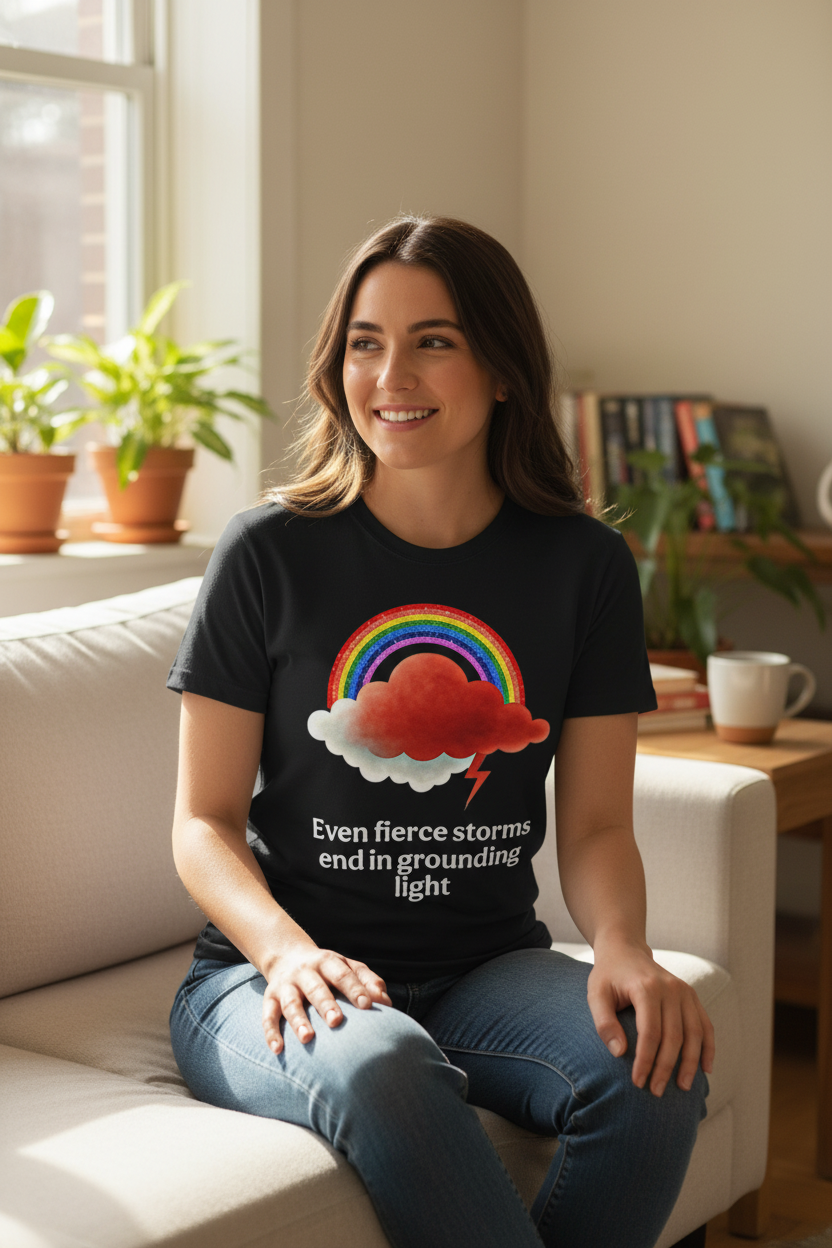 model wearing a Unisex t-shirt from the Rainbow Cloud Collection, featuring a colorful Storm Mosquitos design that represents mental health awareness and emotional resilience. Character: Buster - black front
