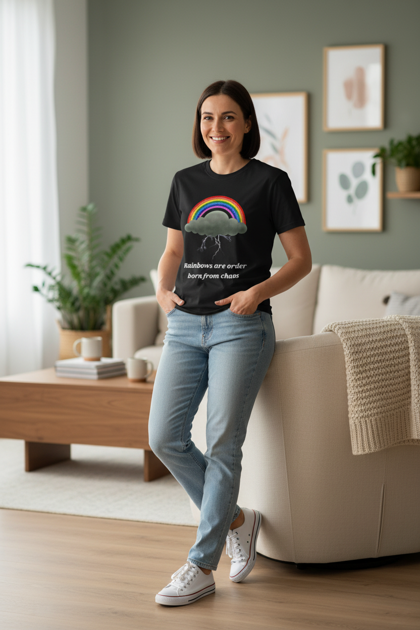 model wearing a Unisex t-shirt from the Rainbow Cloud Collection, featuring a colorful Storm Mosquitos design that represents mental health awareness and emotional resilience. Character: Felix - black front