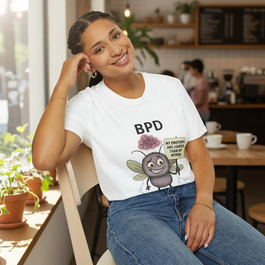 Model wearing Tempest BPD tshirt in a cafe