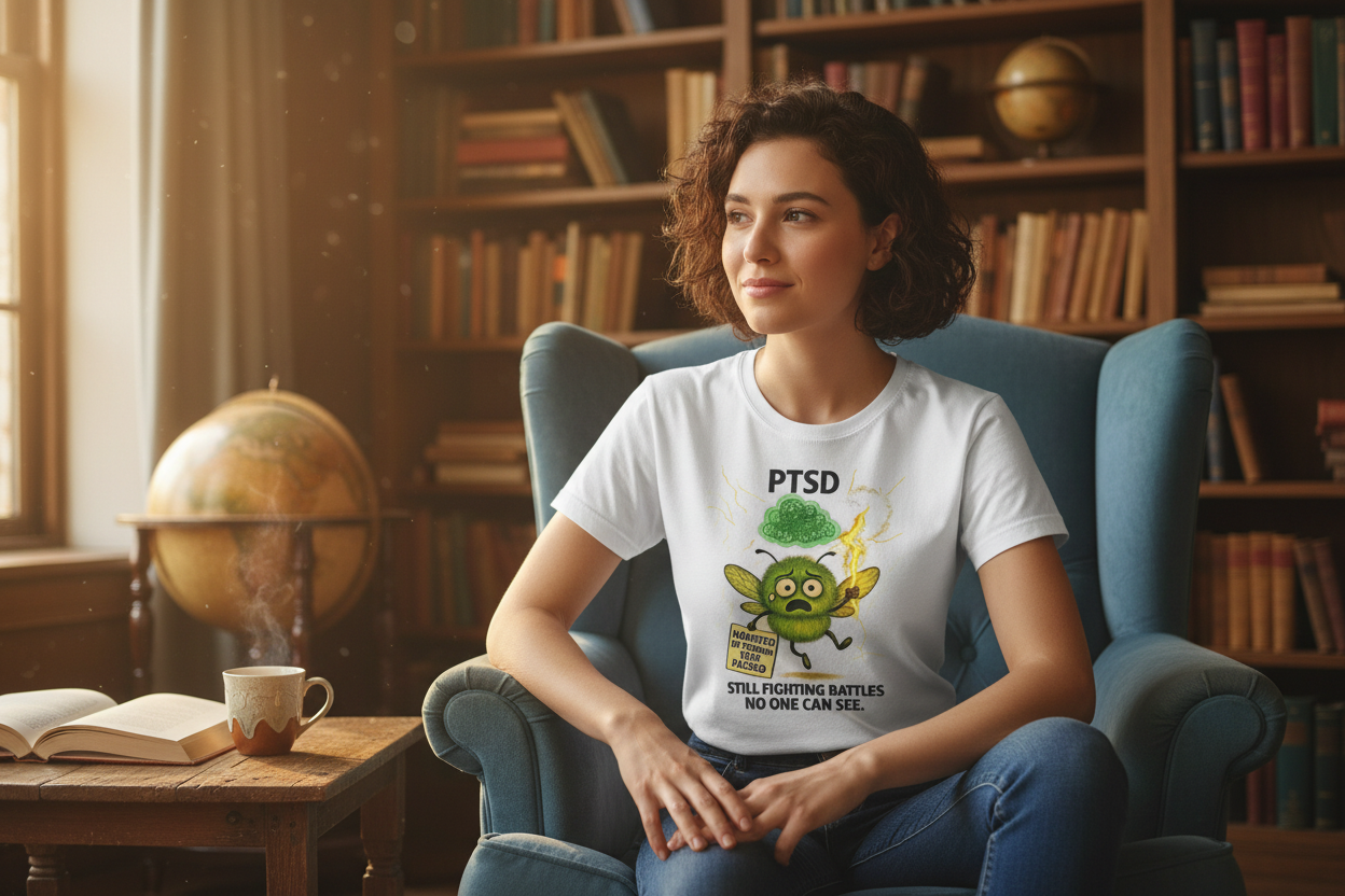 person wearing a Unisex t-shirt featuring Hope, the green Storm Mosquito representing PTSD, symbolizing trauma recovery, resilience, and emotional healing - front