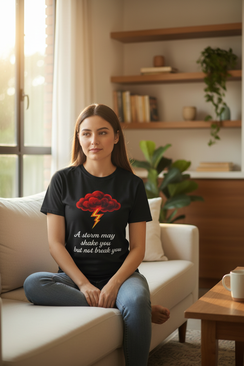 model wearing a Unisex t-shirt from the Storm Cloud Collection, featuring a Storm Mosquitos design that symbolizes mental health awareness and resilience. Character: Buster - black front