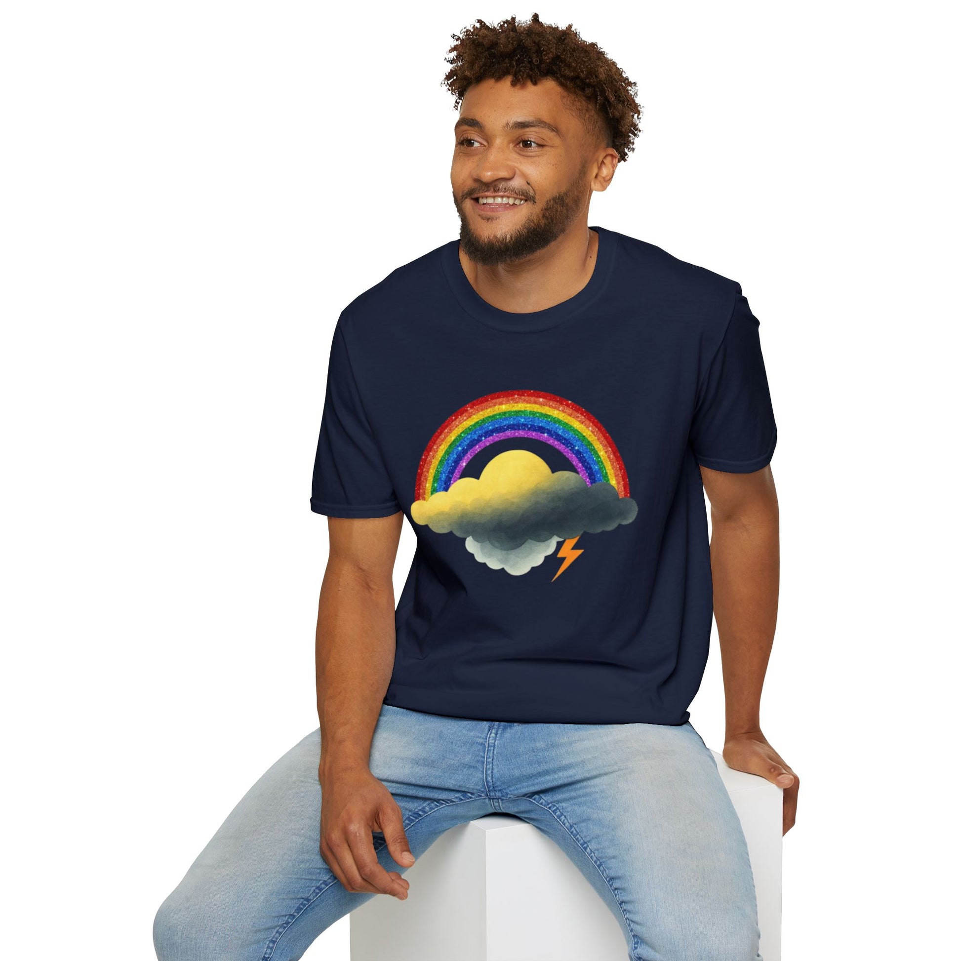 Man wearing a navy blue t-shirt with a rainbow and Jay cloud design on a white background