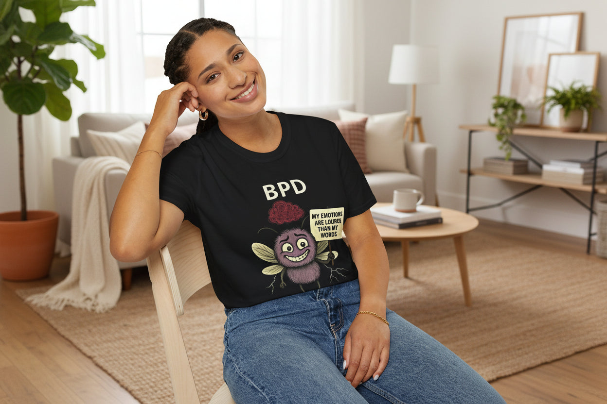 Person wearing a black t-shirt with a graphic design and text, sitting on a chair. 