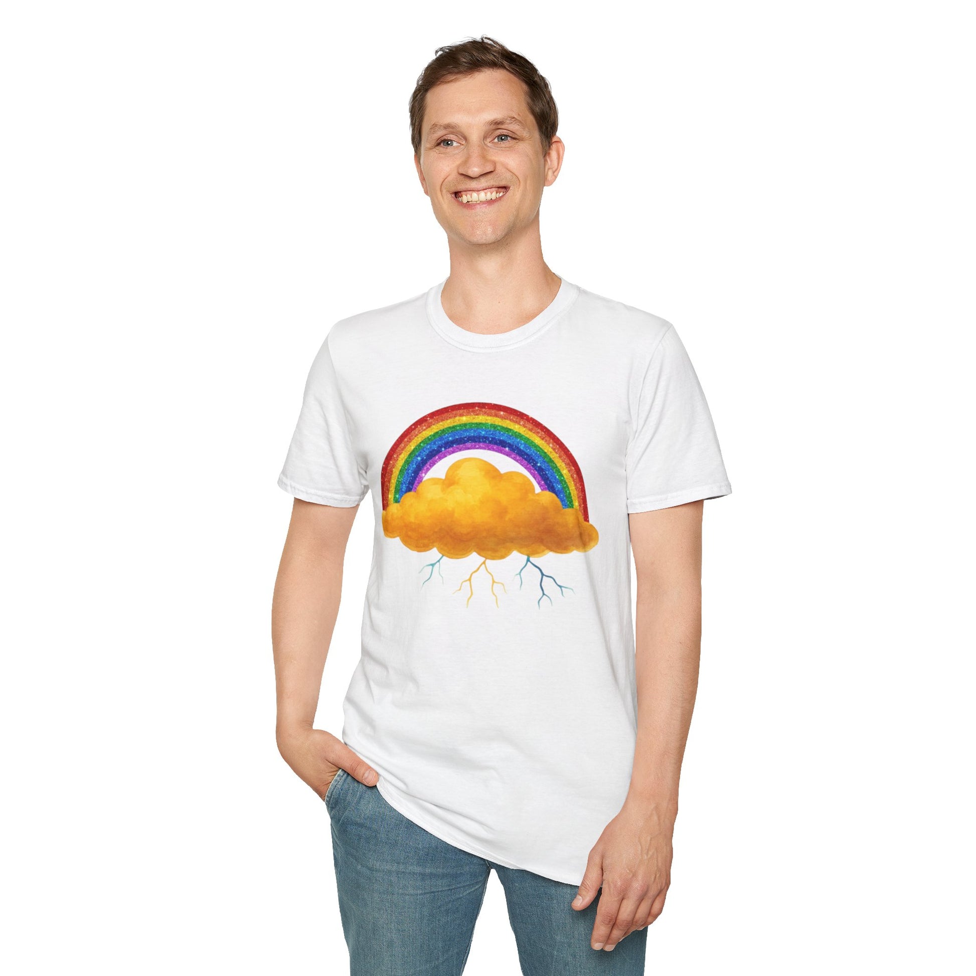 Person wearing a white t-shirt with a rainbow and Nelly cloud design on a white  - front