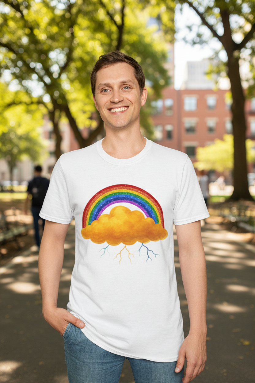 Man wearing a white t-shirt with a rainbow and Nelly cloud design in a park.