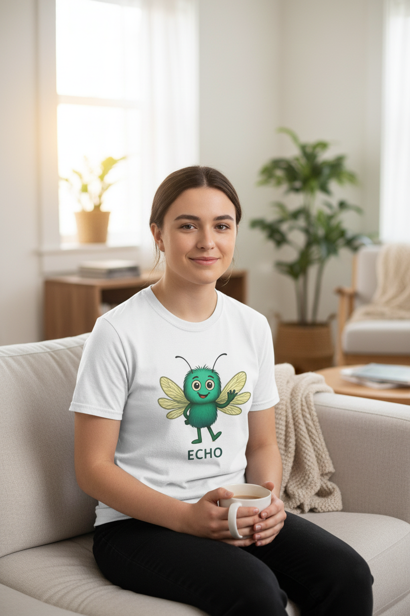 Person sitting on a couch wearing a white t-shirt with a teal character named 'ECHO' from the Storm Mosquitos