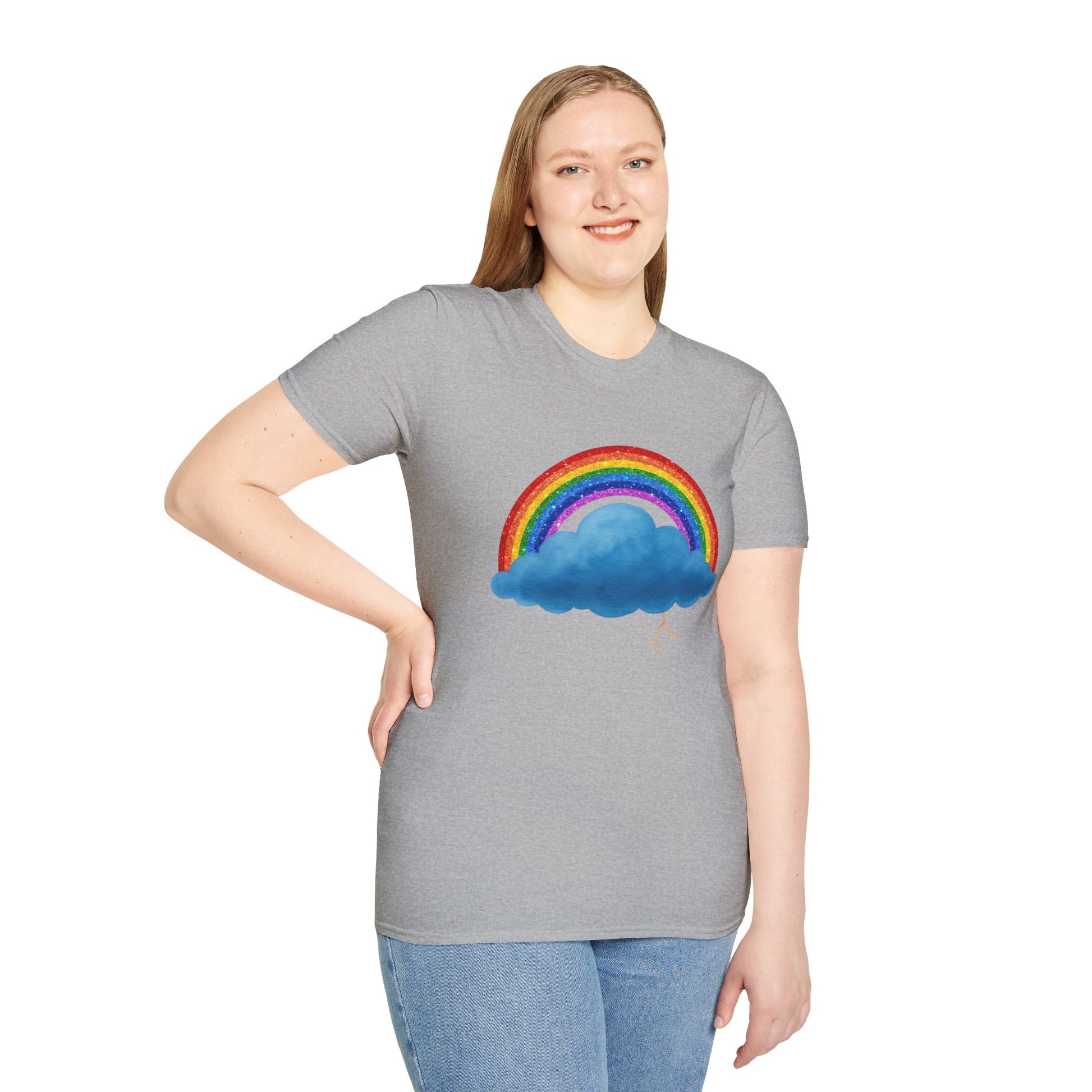 Person wearing a gray t-shirt with a rainbow and Stormy cloud design on a white background