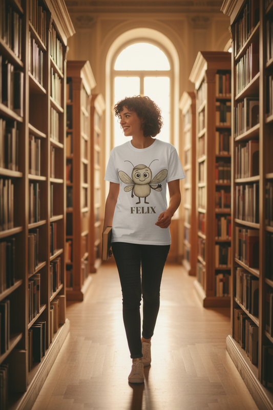 Woman walking through a library wearing a white t-shirt with a Storm Mosquitos Apparel design of the character felix who represents OCD