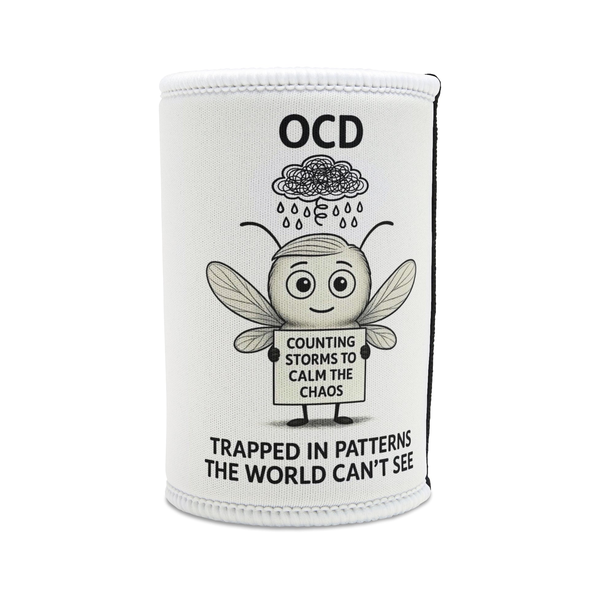 Felix OCD awareness mosquito design on stubby holder – Mental Health Musings
