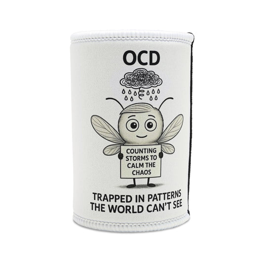 Felix OCD awareness mosquito design on stubby holder – Mental Health Musings
