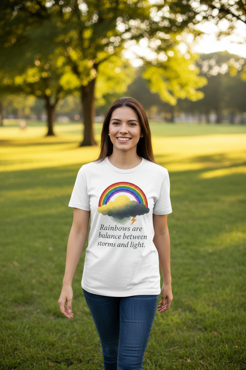 person wearing a Unisex white t-shirt from the Rainbow Cloud Series featuring a colorful rainbow over a storm cloud design that represents hope and resilience. Character: Jay - front