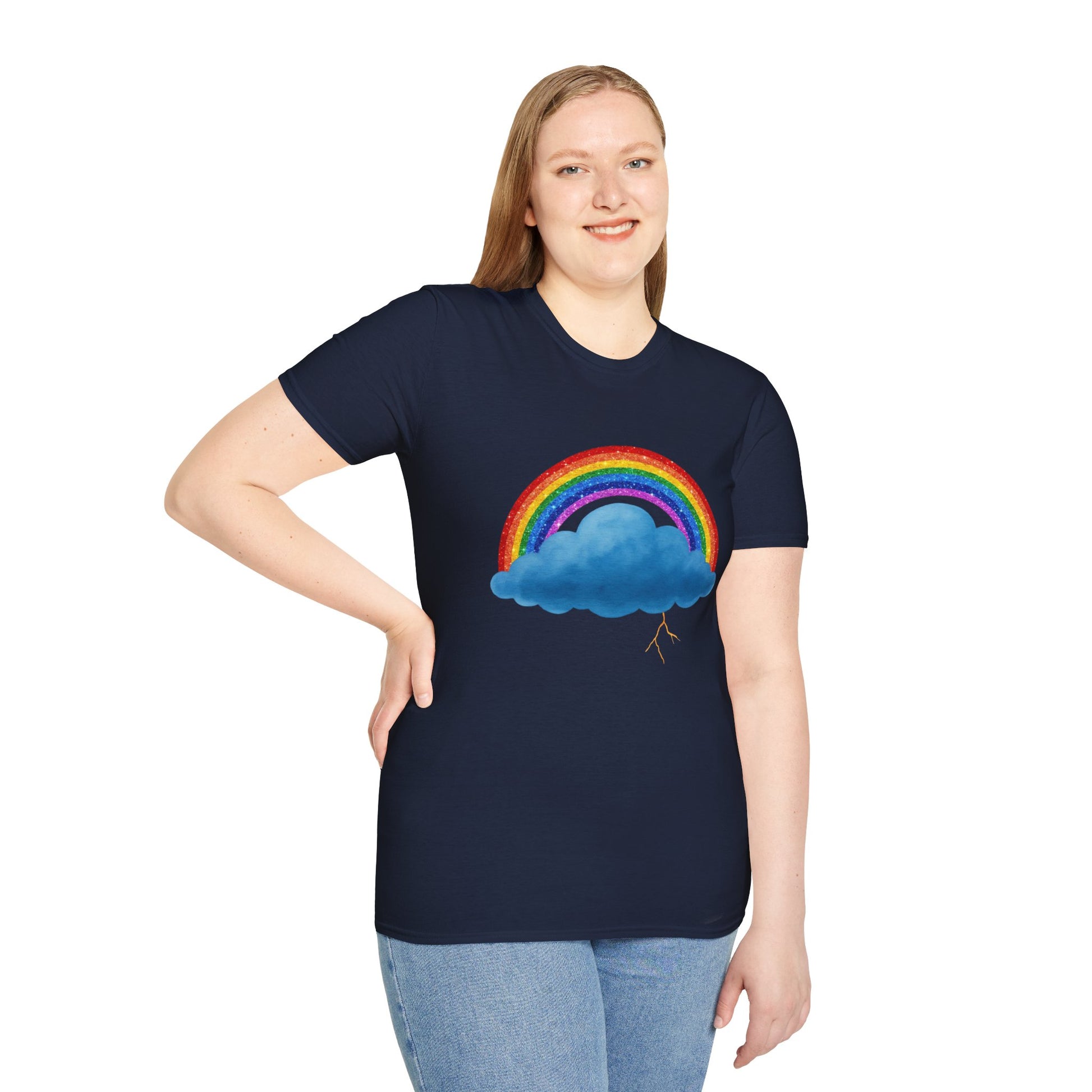 Person wearing a navy blue t-shirt with a rainbow and Stormy cloud design on a white background
