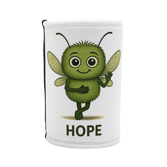 White neoprene stubby holder with green HOPE mosquito character for PTSD awareness - Mental Health Musings