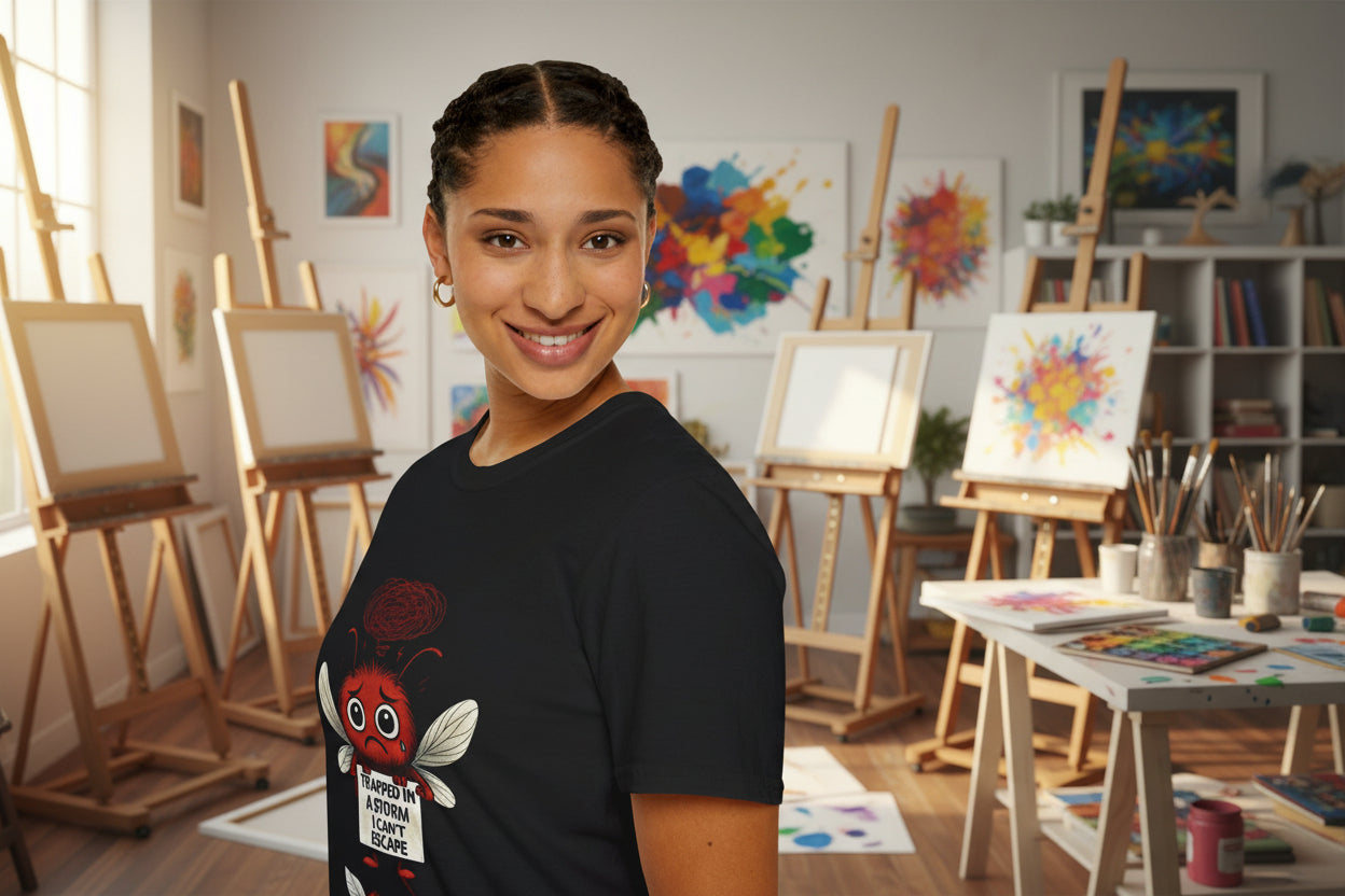 person in an art room wearing buster from the storm mosquitos who represents panic disorder for mental health awareness 