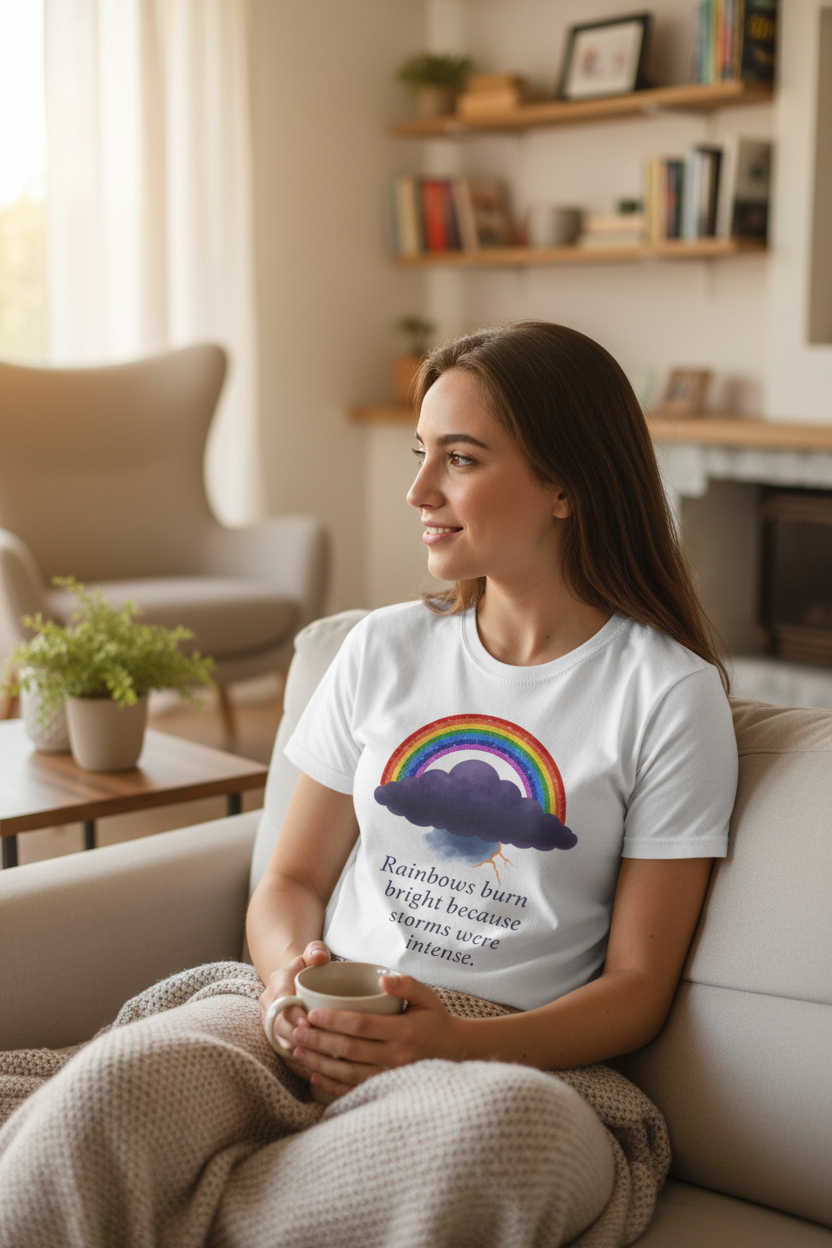person wearing a Unisex white t-shirt from the Rainbow Cloud Series featuring a colorful rainbow over a storm cloud design that represents hope and resilience. Character: Tempest front