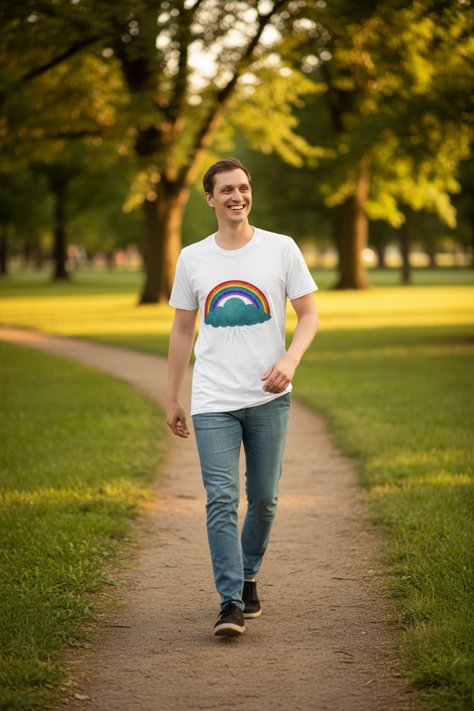 Man walking on a path in a park wearing a white t-shirt with a colorful graphic rainbow and Echo cloud design 