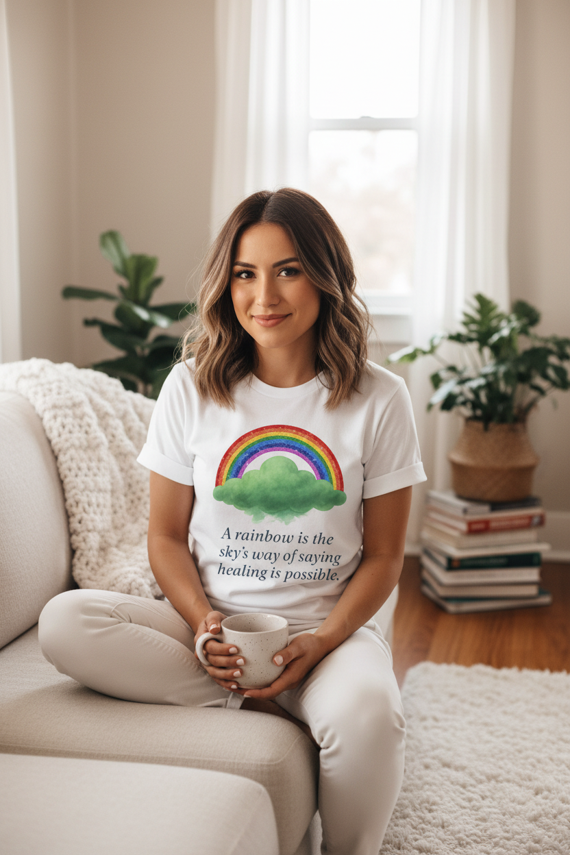 White t-shirt with a rainbow and cloud design representing the character Hope from the Storm Mosquitos with a  motivational quote 