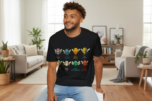 person wearing a black unisex tshirt with the character collection from storm mosquitos apparel