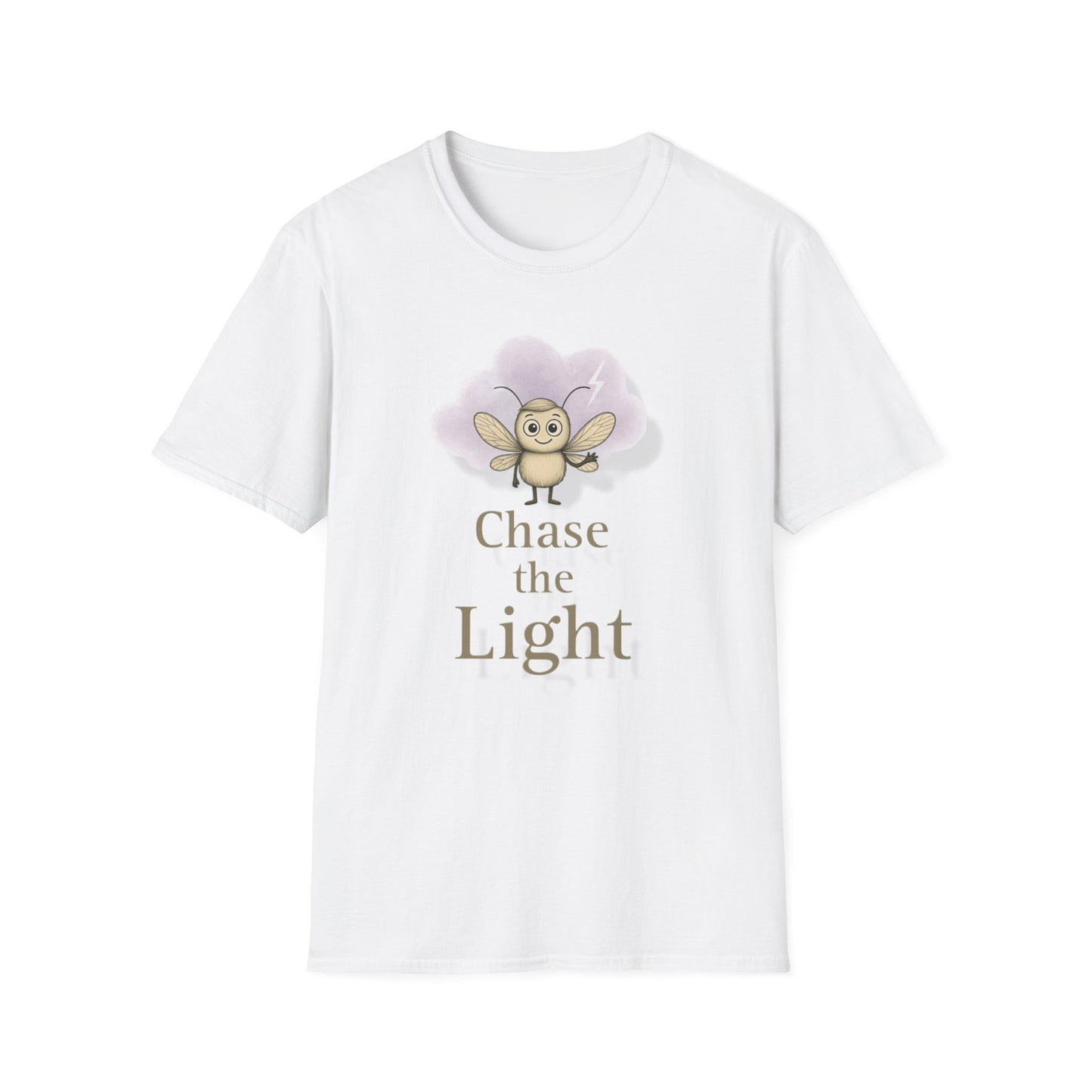 White t-shirt with a cartoon storm mosquito and 'Chase the Light' text on a white background