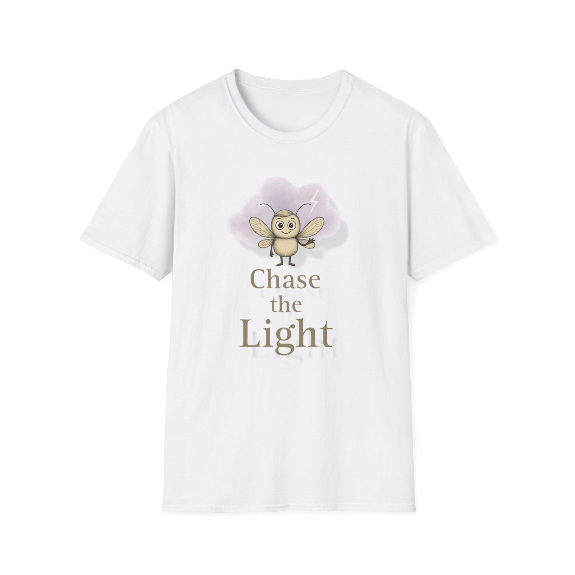 White t-shirt with a cartoon storm mosquito and 'Chase the Light' text on a white background