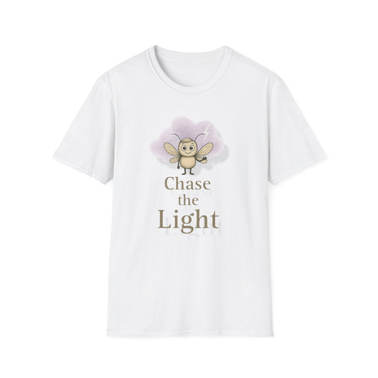 White t-shirt with a cartoon storm mosquito and 'Chase the Light' text on a white background