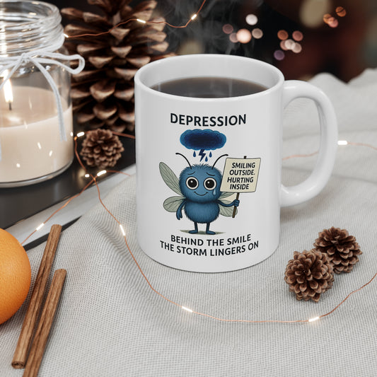 Stormy Depression awareness character on mug – Mental Health Musings design