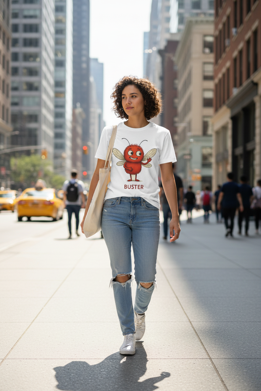 Woman walking on a city street wearing a t-shirt with a graphic design of the character 'Buster' from the Storm Mosquitos who raise awareness for mental health