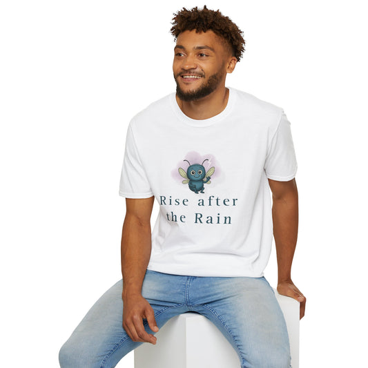 Stormy “Rise After the Rain” Mental Health Awareness T-Shirt – soft white cotton tee with Stormy and uplifting quote design - model wearing