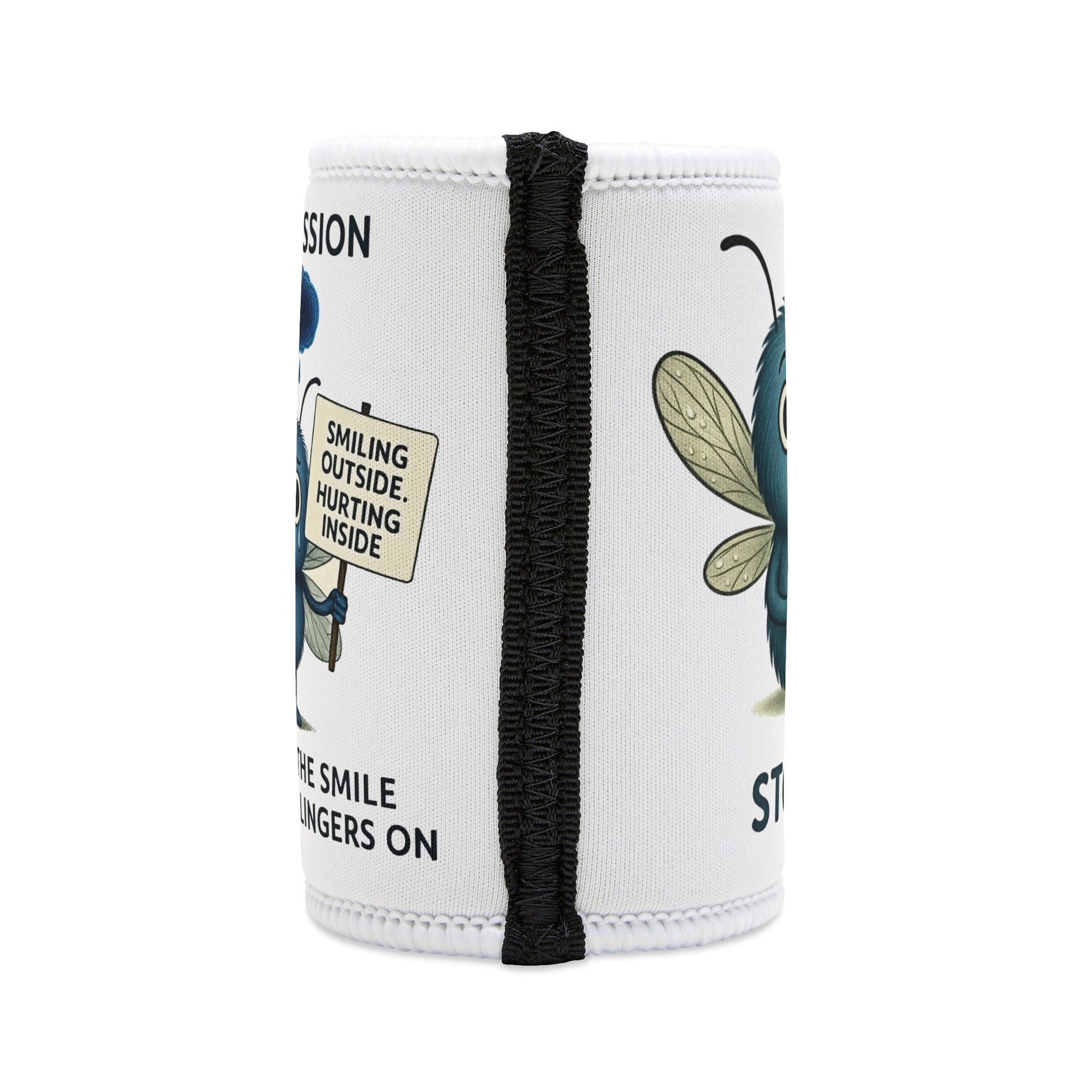 Stormy Depression awareness illustration on stubby holder – Mental Health Musings
