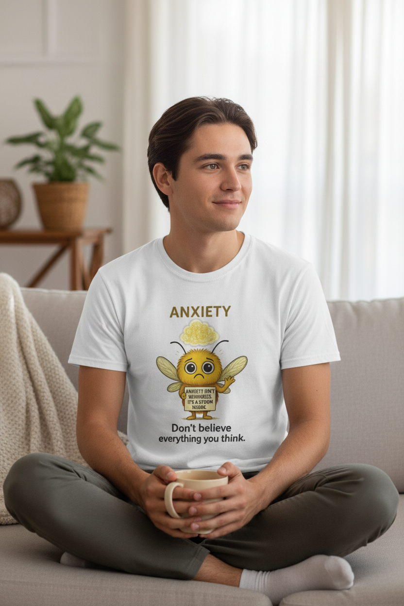 person wearing a Unisex t-shirt featuring Nelly, the yellow Storm Mosquito symbolizing Anxiety, representing courage, mindfulness, and calm through mental storms - front