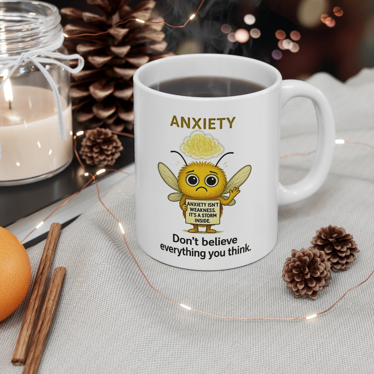 Nelly Anxiety awareness cartoon side mug cover– Mental Health Musings design