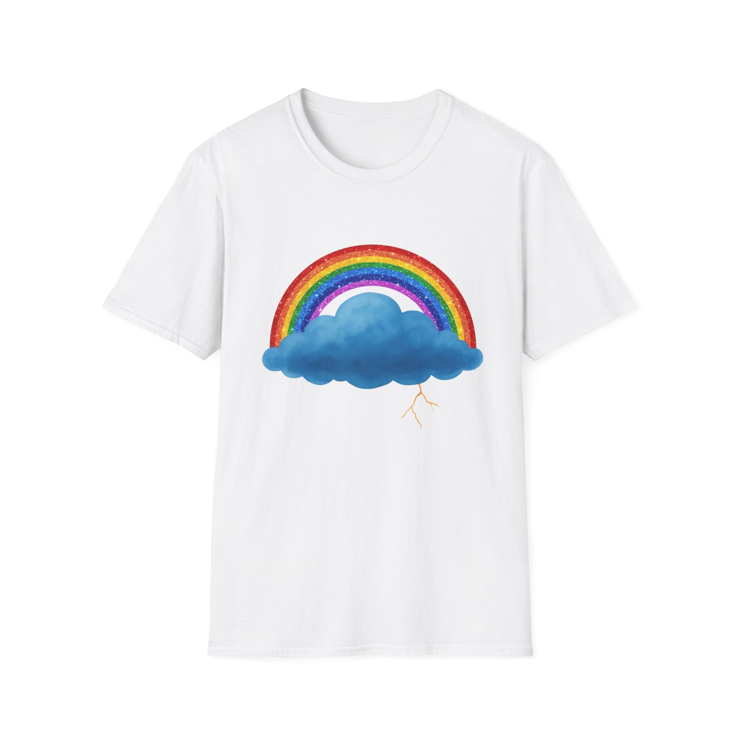 White t-shirt with a colorful rainbow and Stormy cloud design on a white background