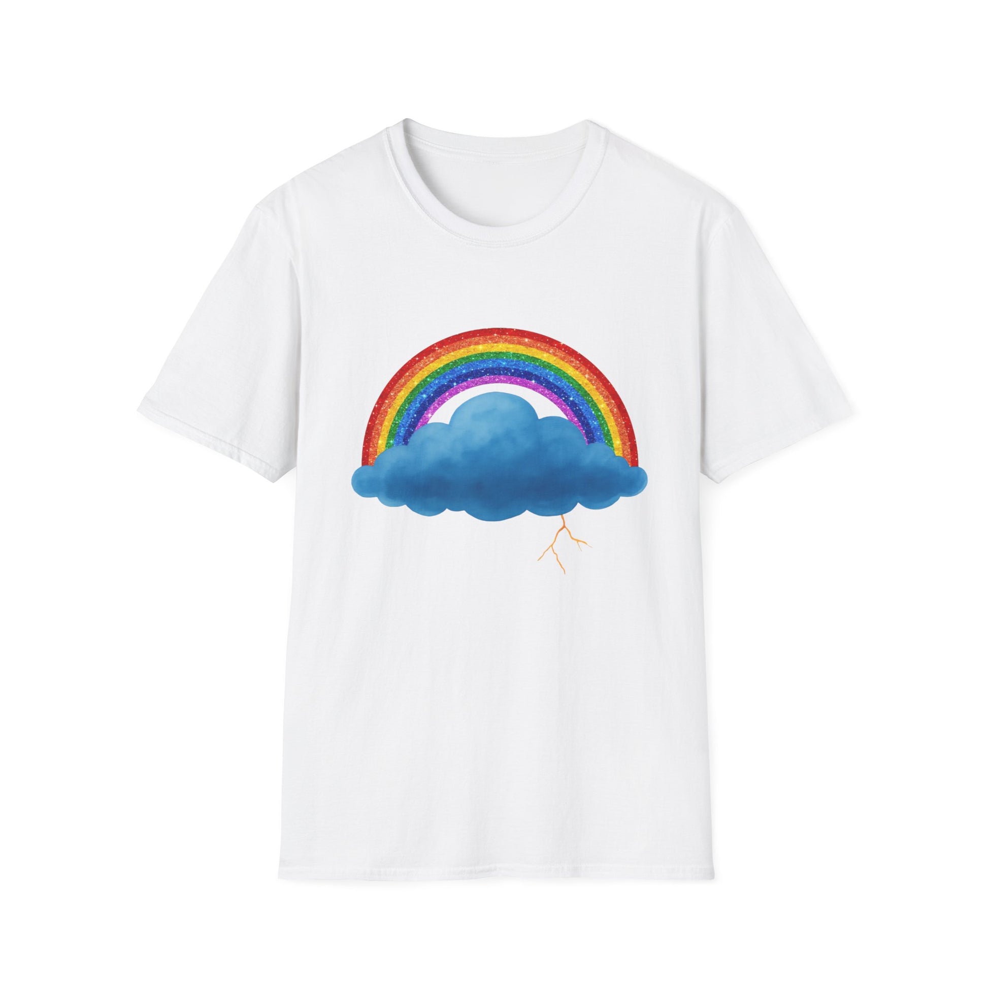 White t-shirt with a colorful rainbow and Stormy cloud design on a white background