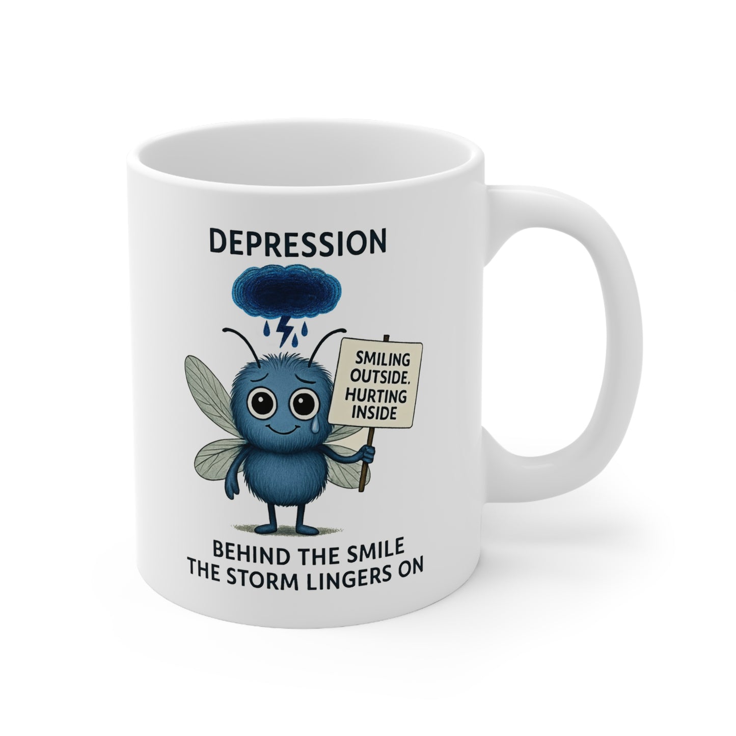 Stormy Depression awareness character on mug – Mental Health Musings design