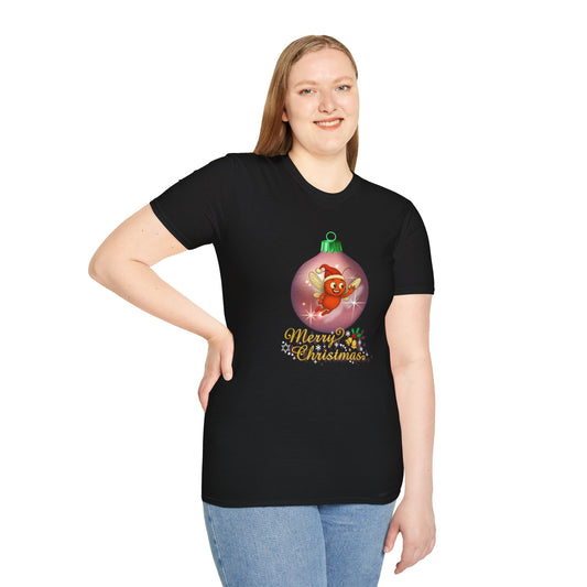 Model wearing Red Buster Christmas bauble design T-shirt with Buster inside the ornament and Merry Christmas text - black front