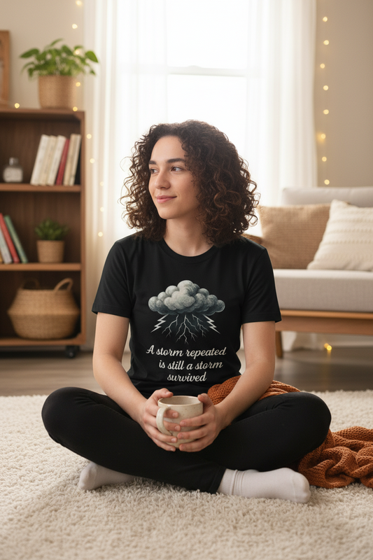 model wearing a Unisex t-shirt from the Storm Cloud Collection, featuring a Storm Mosquitos design that symbolizes mental health awareness and resilience. Character: Felix - black front