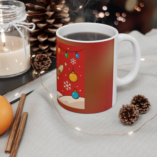 White mug with Christmas design on a table with decorative items, Buster