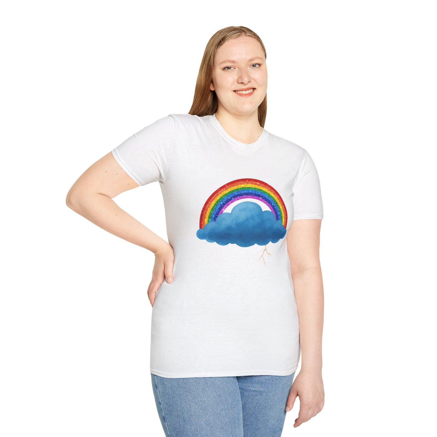 Person wearing a white t-shirt with a rainbow and Stormy cloud design on a white background