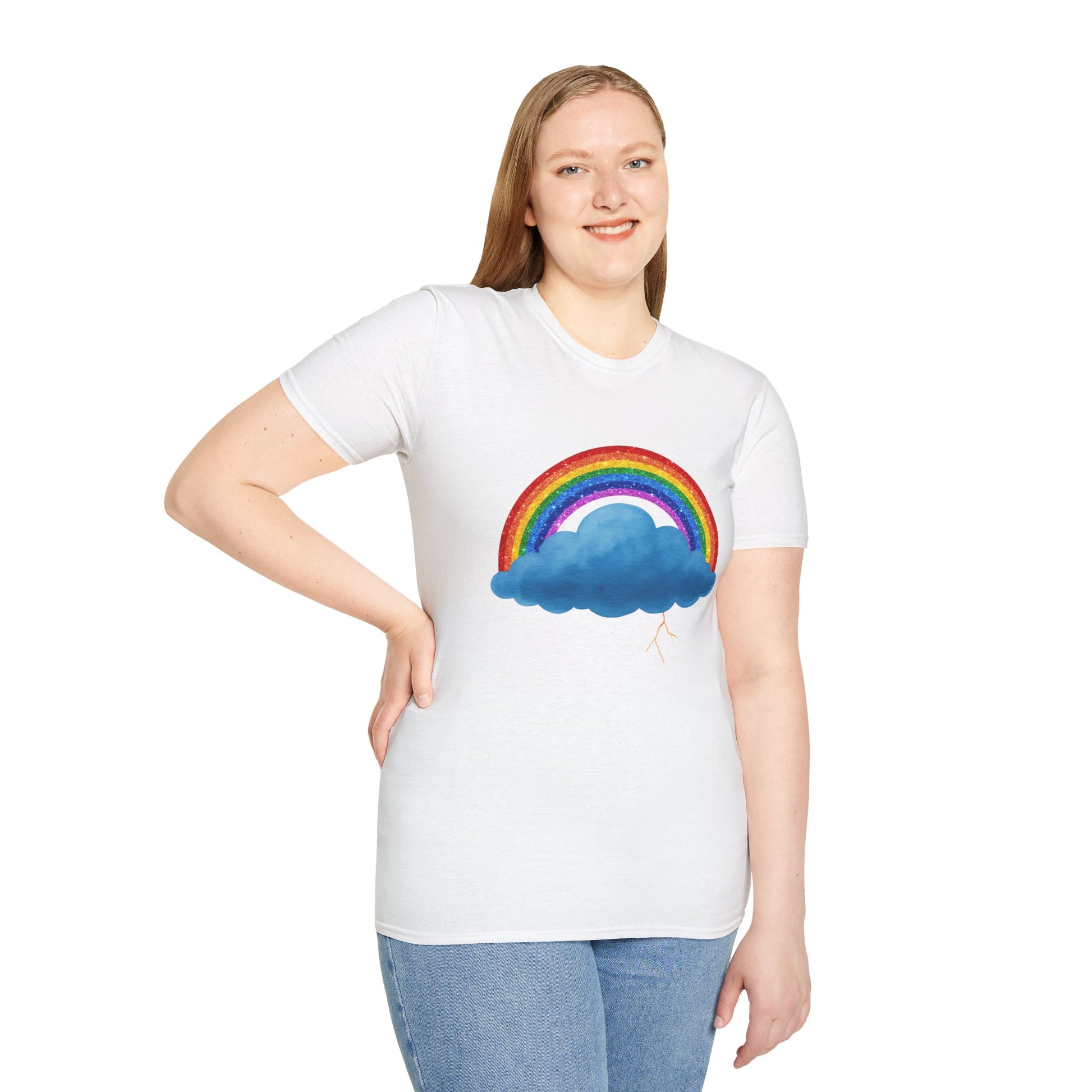 Person wearing a white t-shirt with a rainbow and Stormy cloud design on a white background