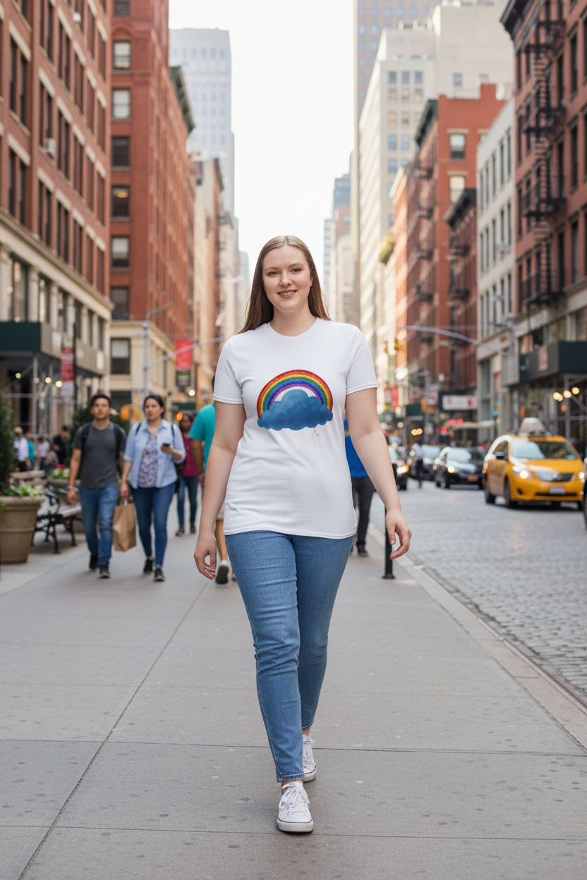Person walking on a city street wearing a white t-shirt with a rainbow and Stormy cloud design