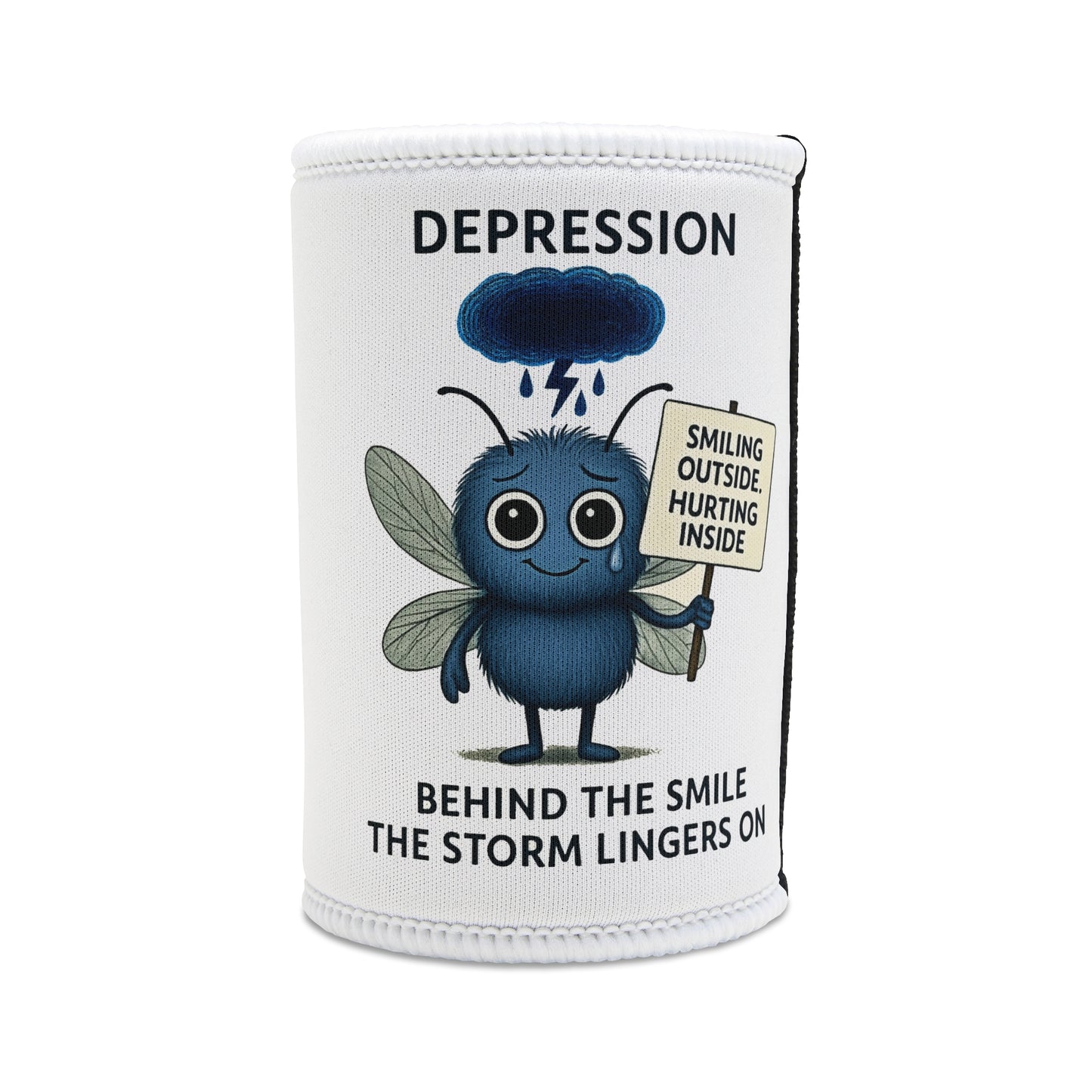 Stormy Depression awareness illustration on stubby holder – Mental Health Musings