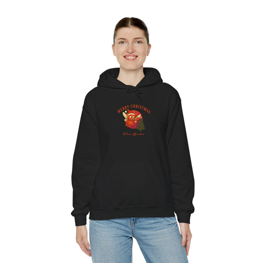 Model wearing black Buster Christmas hoodie with Buster in a Santa hat on the front and a matching red Christmas tree on the back.