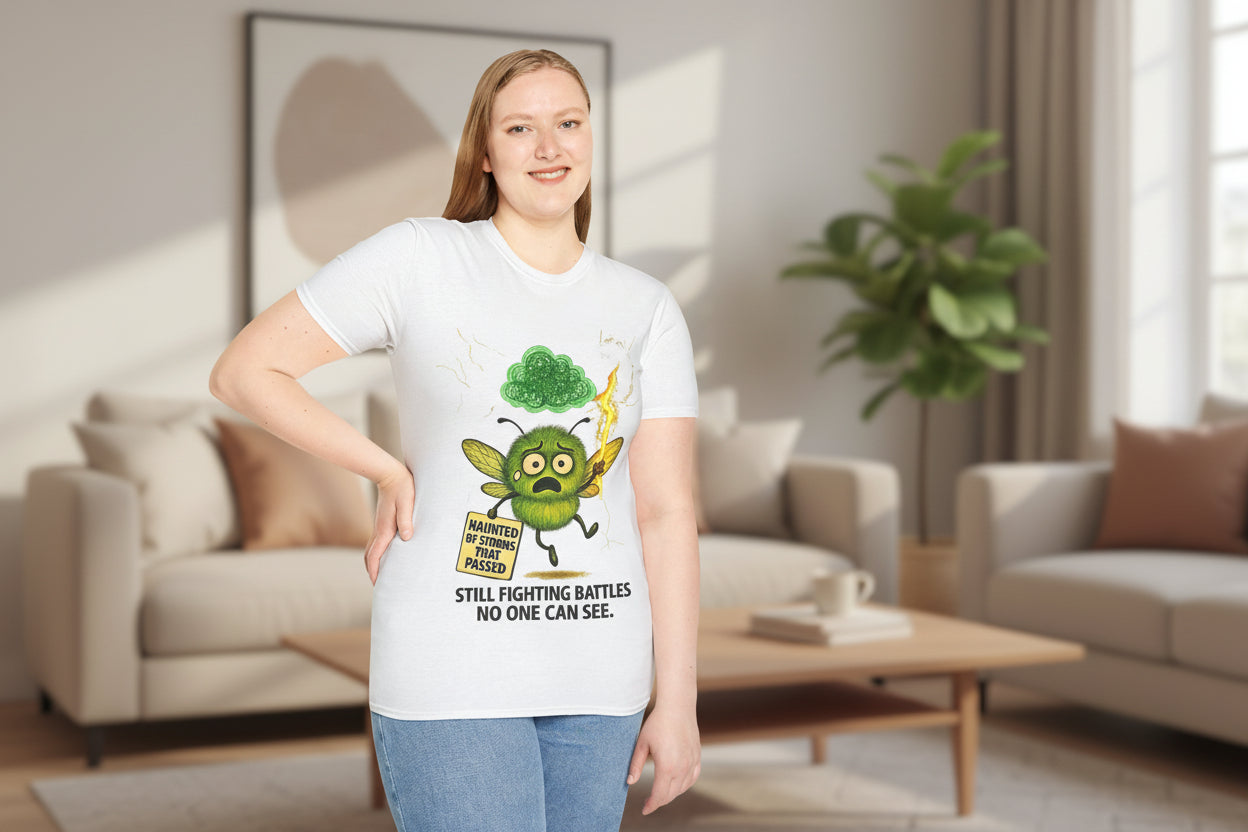 model wearing a unisex tshirt with a graphic design by storm mosquito apparel of the character Hope who represents PTSD