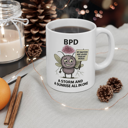 Tempest BPD awareness cartoon mosquito on mug – Mental Health Musings merch
