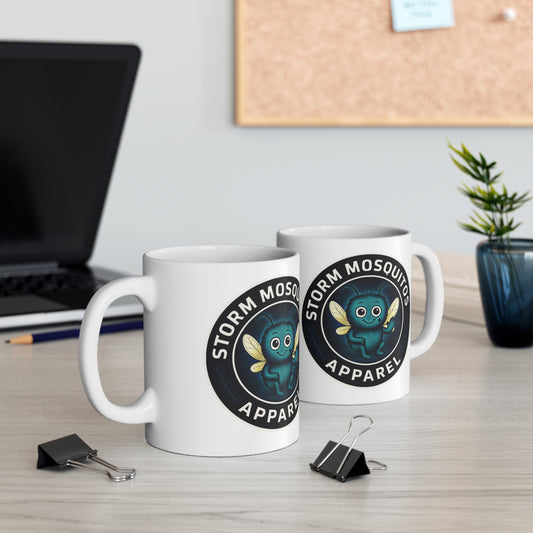 White Storm Mosquitos mug featuring the official circular Apparel badge with Stormy character. - two mugs side views
